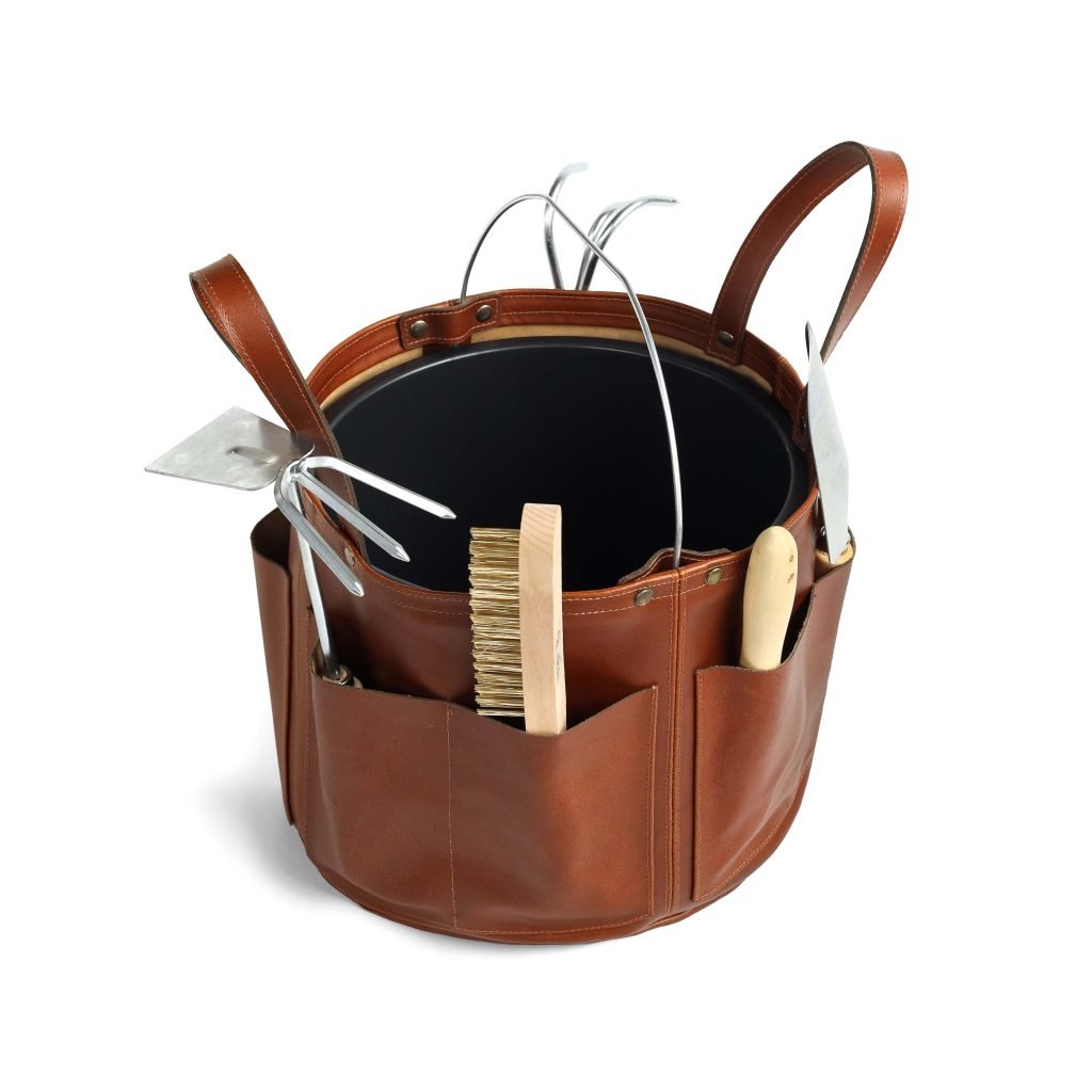 Bolster & Benefield leather tool bucket. Harvest Basket for carrying and storage in garden, workshop, atelier, or studio.