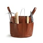 Bolster & Benefield leather tool bucket. Harvest Basket for carrying and storage in garden, workshop, atelier, or studio.