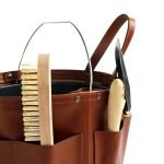 Bolster & Benefield leather tool bucket. Harvest Basket for carrying and storage in garden, workshop, atelier, or studio.