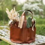 Bolster & Benefield leather tool bucket. Harvest Basket for carrying and storage in garden, workshop, atelier, or studio.