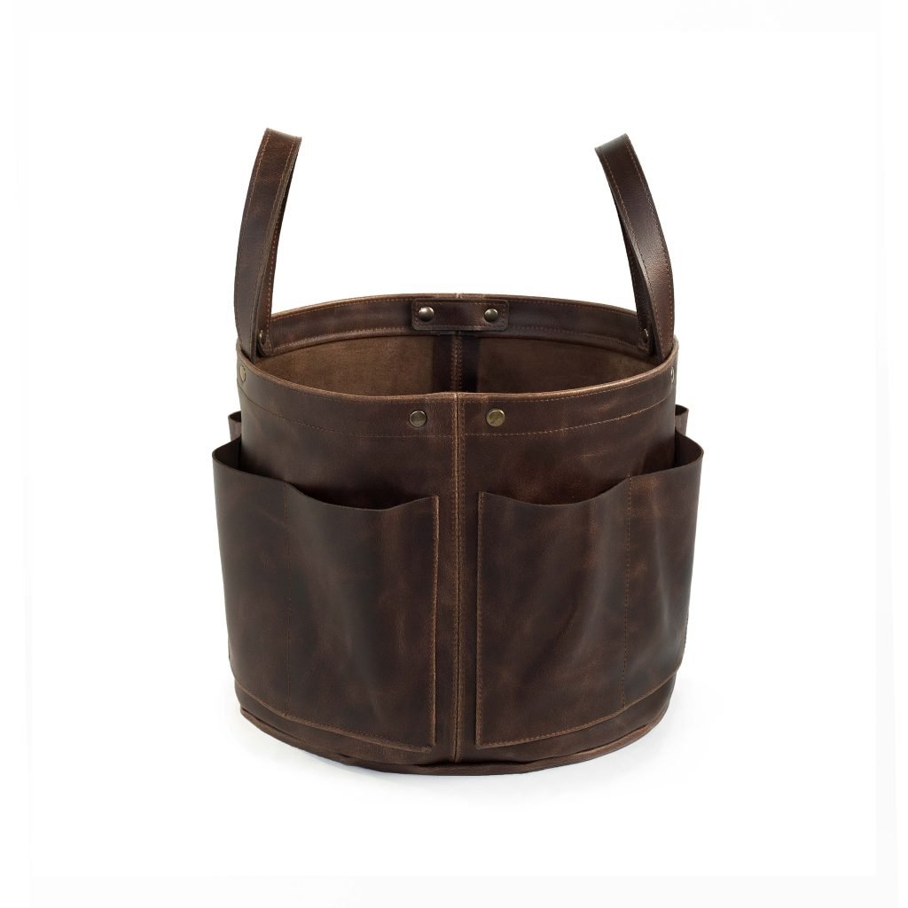 Bolster & Benefield leather tool bucket. Harvest Basket for carrying and storage in garden, workshop, atelier, or studio.