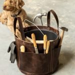 Bolster & Benefield leather tool bucket. Harvest Basket for carrying and storage in garden, workshop, atelier, or studio.