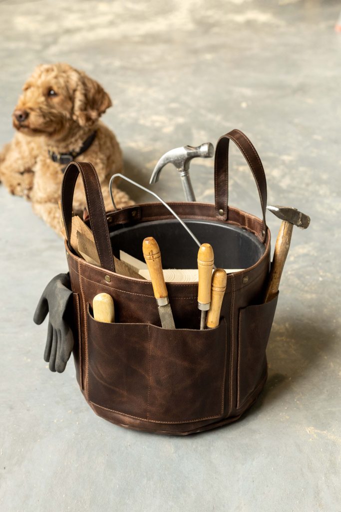 Bolster & Benefield leather tool bucket. Harvest Basket for carrying and storage in garden, workshop, atelier, or studio.