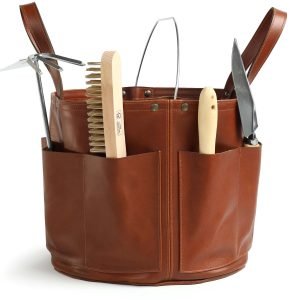 Bolster & Benefield leather tool bucket. Harvest Basket for carrying and storage in garden, workshop, atelier, or studio.