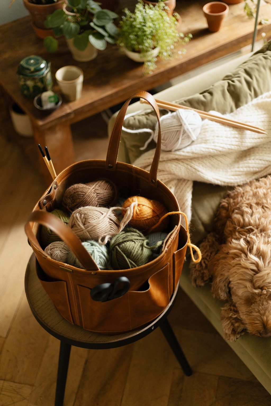 leather knitting basket